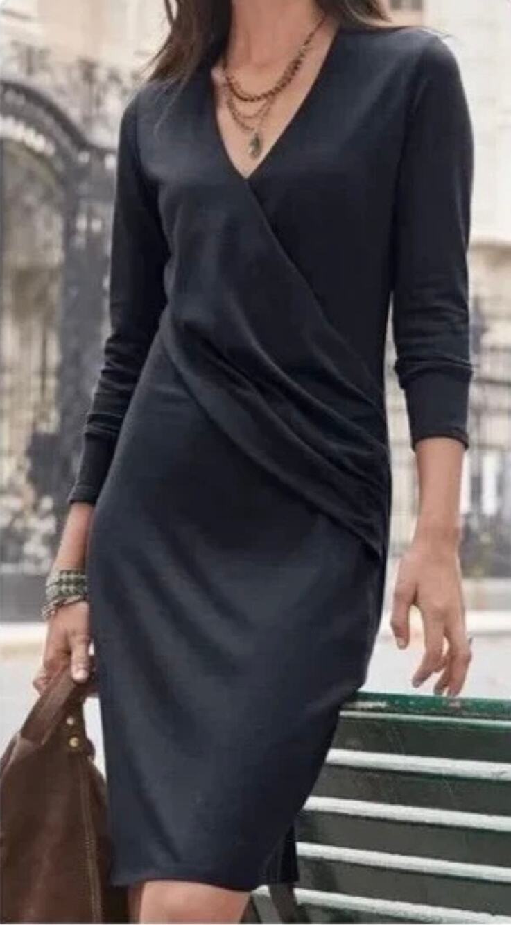 Sundance Black Faux Wrap Dress, Ruched Long Sleeve Midi, Modal Cotton, Size XL